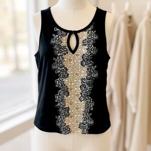 Talbots Black and Cream Patterned‎ Sleeveless Silk Blouse